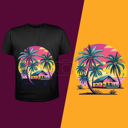 Ilustración de Camiseta Mockup de casa pequeña y palmeras en una playa - Imagen libre de derechos