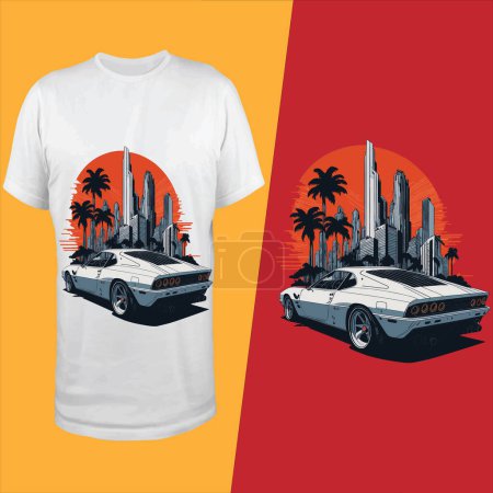 Ilustración de Camiseta Diseño de un coche con palmeras y ciudad - Imagen libre de derechos