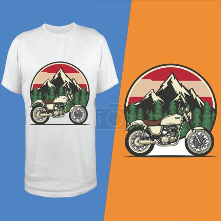 Illustration for White T-shirt Design of motorcycle with green tree on mountains - Royalty Free Image
