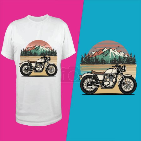 Ilustración de Diseño camiseta de Motocicleta con árboles en las montañas - Imagen libre de derechos