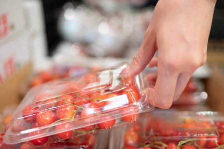 Téléchargez les photos : Main de femme achetant des cerises emballées - en image libre de droit