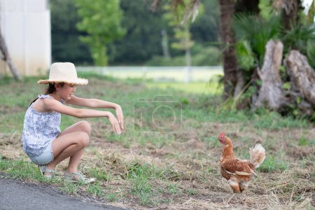 Téléchargez les photos : Fille jouer avec un poulet - en image libre de droit