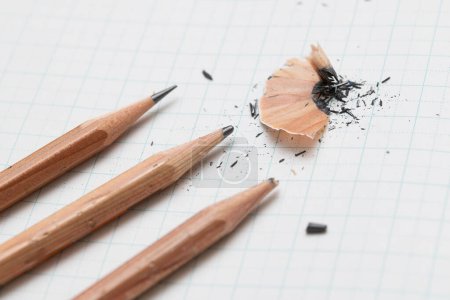 Photo for Pencils with sharp leads, curled pencils, broken pencils, and shavings - Royalty Free Image