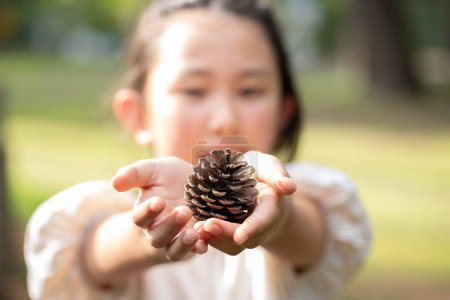 Photo for A child holding out a pine cone - Royalty Free Image