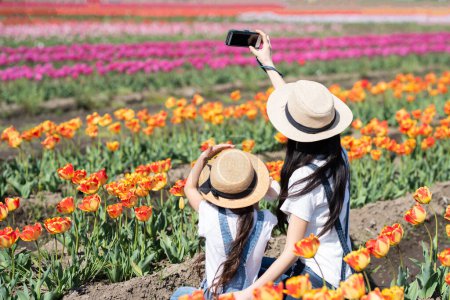 Mutter und Tochter beim Fotografieren im Blumenfeld