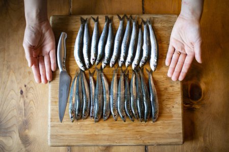 Téléchargez les photos : Beaucoup de sardines fraîches sur la table - en image libre de droit