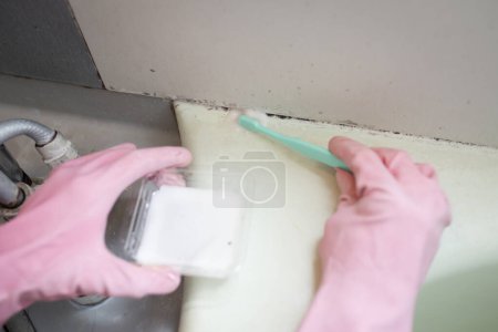 Téléchargez les photos : Nettoyage de la moisissure dans le bain - en image libre de droit