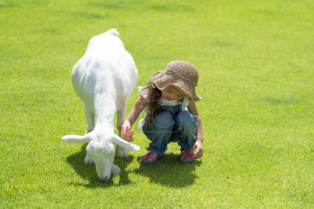 Téléchargez les photos : Chèvre et fille sur prairie - en image libre de droit