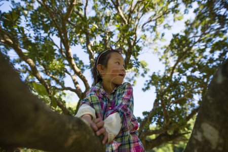 Téléchargez les photos : Petite fille grimpant à un arbre - en image libre de droit