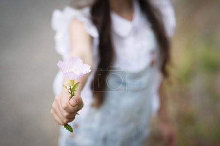 Foto de Chica dando flor enfoque selectivo - Imagen libre de derechos
