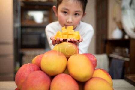 Foto de Niño sosteniendo un mango cortado - Imagen libre de derechos