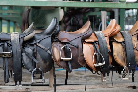 Photo for Many saddles lined up and dried in the sun - Royalty Free Image