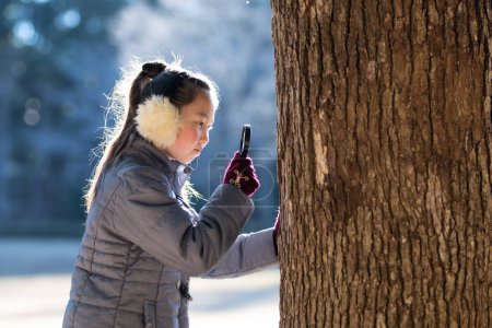 Téléchargez les photos : Jeune fille avec loupe regardant arbre - en image libre de droit