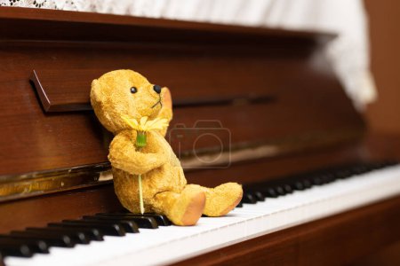 Foto de Osito de peluche con flor sentado en el piano - Imagen libre de derechos