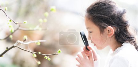 Photo for A girl looking at a tree sprout with a magnifying glass - Royalty Free Image