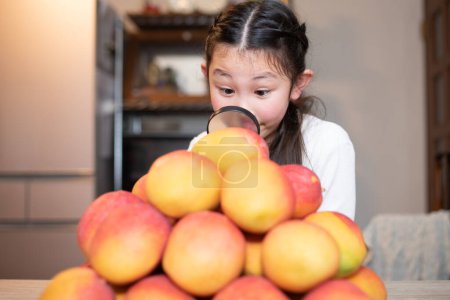 Photo for Girl looking at many mangoes with a magnifying glass - Royalty Free Image