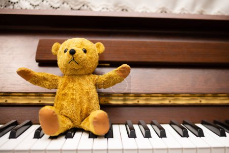 Photo for Teddy bear sitting on the piano keyboard - Royalty Free Image