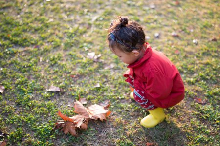 Foto de Chica jugando con hojas caídas - Imagen libre de derechos
