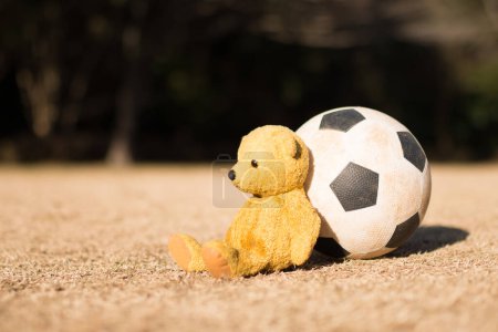 Foto de Pelota de fútbol y oso de peluche en el suelo - Imagen libre de derechos