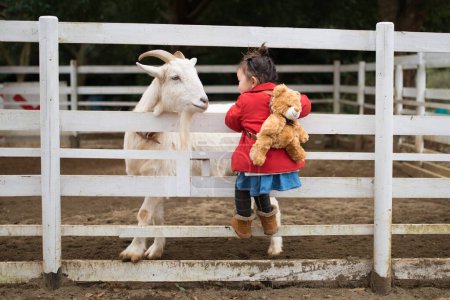 Téléchargez les photos : Mignonne petite fille asiatique avec chèvre à la ferme - en image libre de droit