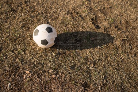 Foto de Pelota de fútbol sobre hierba seca - Imagen libre de derechos