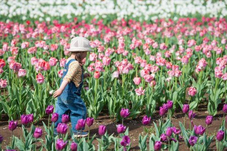 Téléchargez les photos : Fille jouer dans un champ de tulipes - en image libre de droit