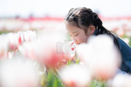 Téléchargez les photos : Fille jouer avec un fleurs dans champ - en image libre de droit