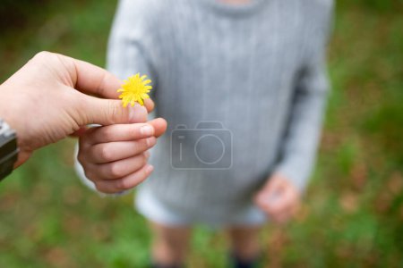 Parent et enfant remettant fleur jaune 