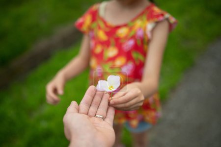 Téléchargez les photos : Parent et enfant remettant une petite fleur - en image libre de droit