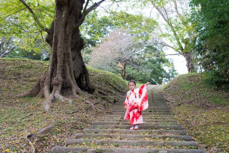 Photo for Girl  in traditional kimono  walking in japanese park - Royalty Free Image
