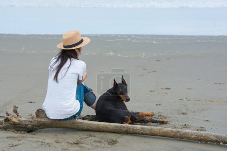 Téléchargez les photos : Femme et chien assis sur la plage de la mer - en image libre de droit