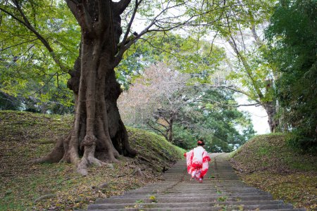 Photo for Cute  little asian girl  traditional kimono walking on a path in the park - Royalty Free Image