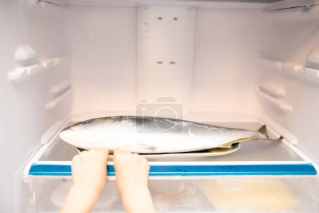 Foto de Las manos tratando de sacar el pescado en el refrigerador - Imagen libre de derechos
