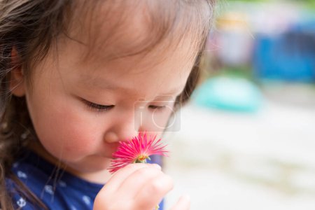 Téléchargez les photos : Petite fille asiatique mignonne avec fleur - en image libre de droit
