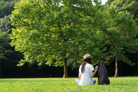 Téléchargez les photos : Femme se détendre sur la pelouse avec le Doberman - en image libre de droit
