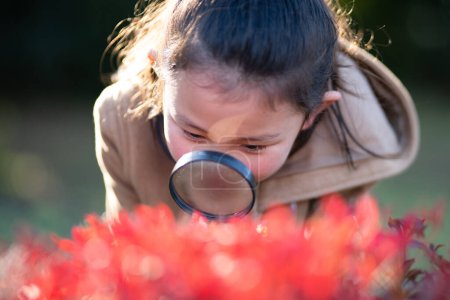 Photo for Girl observes red leaves with magnifying glass - Royalty Free Image