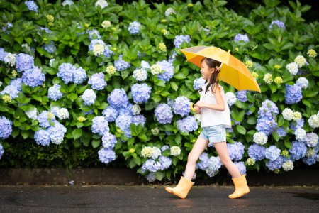 Téléchargez les photos : Fille avec parapluie près de fleurs d'hortensia - en image libre de droit