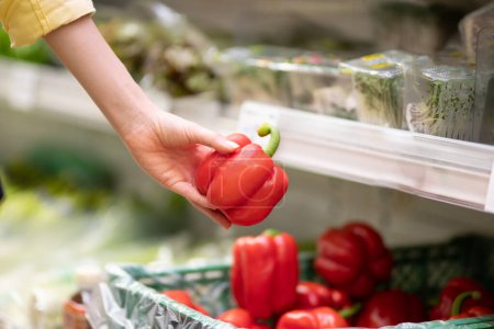 Téléchargez les photos : Main féminine choisissant paprika au supermarché - en image libre de droit