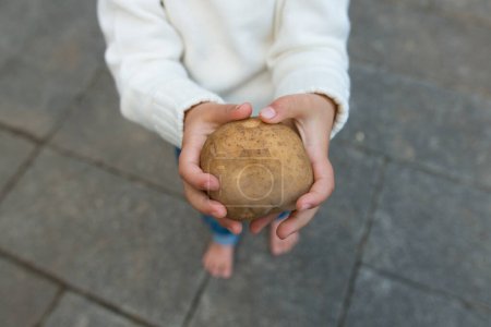 Téléchargez les photos : Enfant avec pomme de terre dans les mains - en image libre de droit