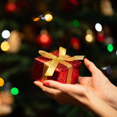 Téléchargez les photos : Les mains de la femme tenant un cadeau de Noël - en image libre de droit