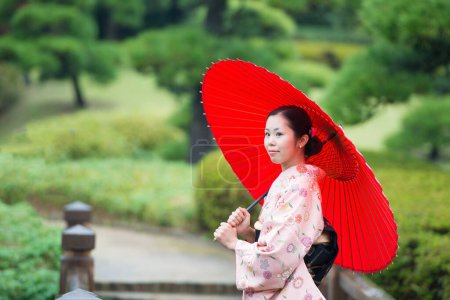 Woman wearing a kimono with umbrella