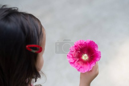 Téléchargez les photos : Fille avec une fleur hollyhock - en image libre de droit