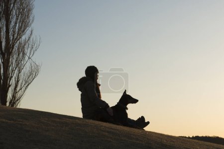 Téléchargez les photos : Silhouette de Doberman et propriétaire au coucher du soleil - en image libre de droit