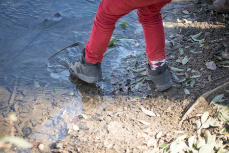 Téléchargez les photos : Petite fille jouant avec la glace dans l'étang - en image libre de droit
