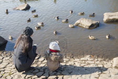 Foto de Madre e hija mirando un pájaro en un estanque - Imagen libre de derechos