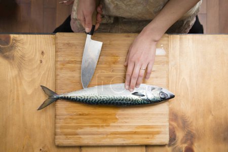 Photo for Woman cooking fish on board - Royalty Free Image