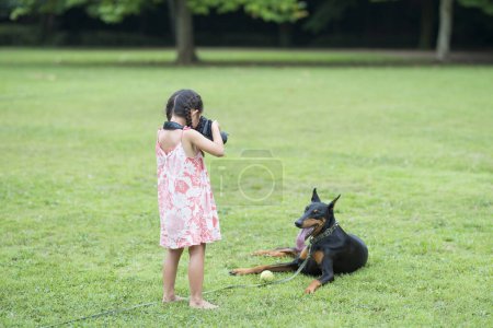 Téléchargez les photos : Fille jouer prendre des photos de son petit chien dans le parc en été - en image libre de droit