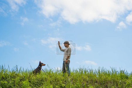 Photo for Man playing with dog on lawn - Royalty Free Image