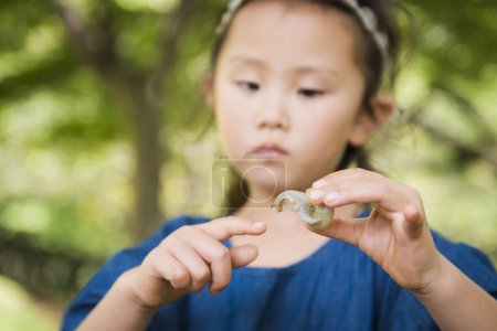 Téléchargez les photos : Petite fille touchant un escargot - en image libre de droit