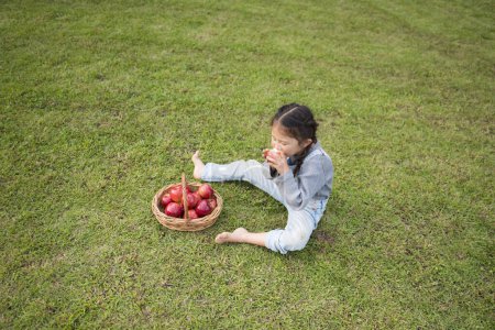 Téléchargez les photos : Mignonne asiatique petite fille manger rouge pomme dans le jardin - en image libre de droit